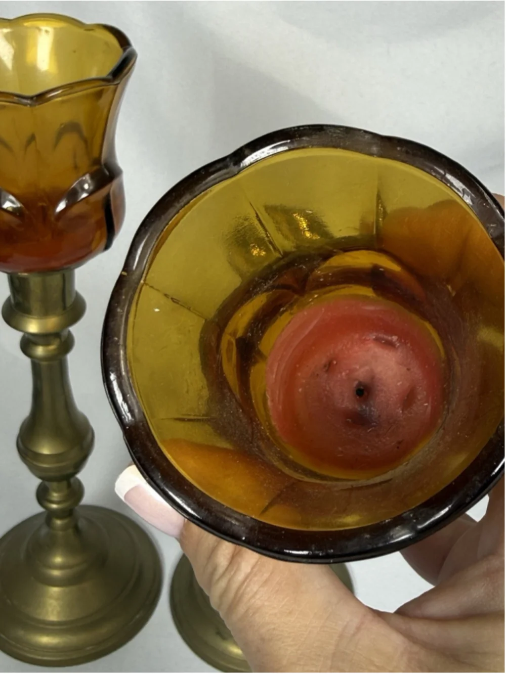 Pair Solid Brass Candlesticks Amber Glass Tulip Votive Holders Made In India